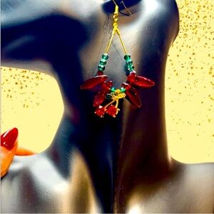 634.  Chic Cherry 🍒 Red, Green and Gold Beaded Earrings